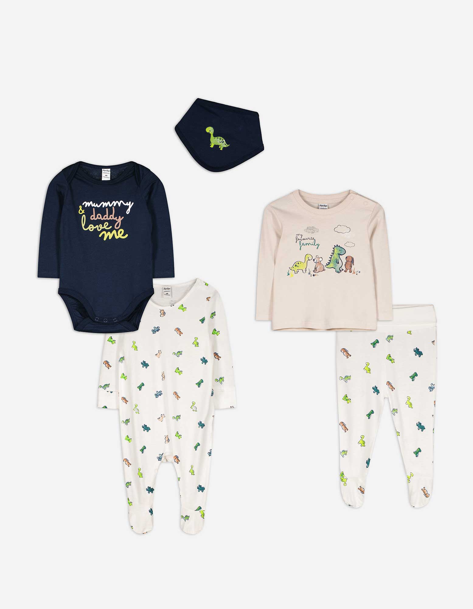 Baby Set aus Langarmbody, Hose, T-Shirt, Strampler und Lätzchen  - Dinosaurier, Takko, dunkelblau