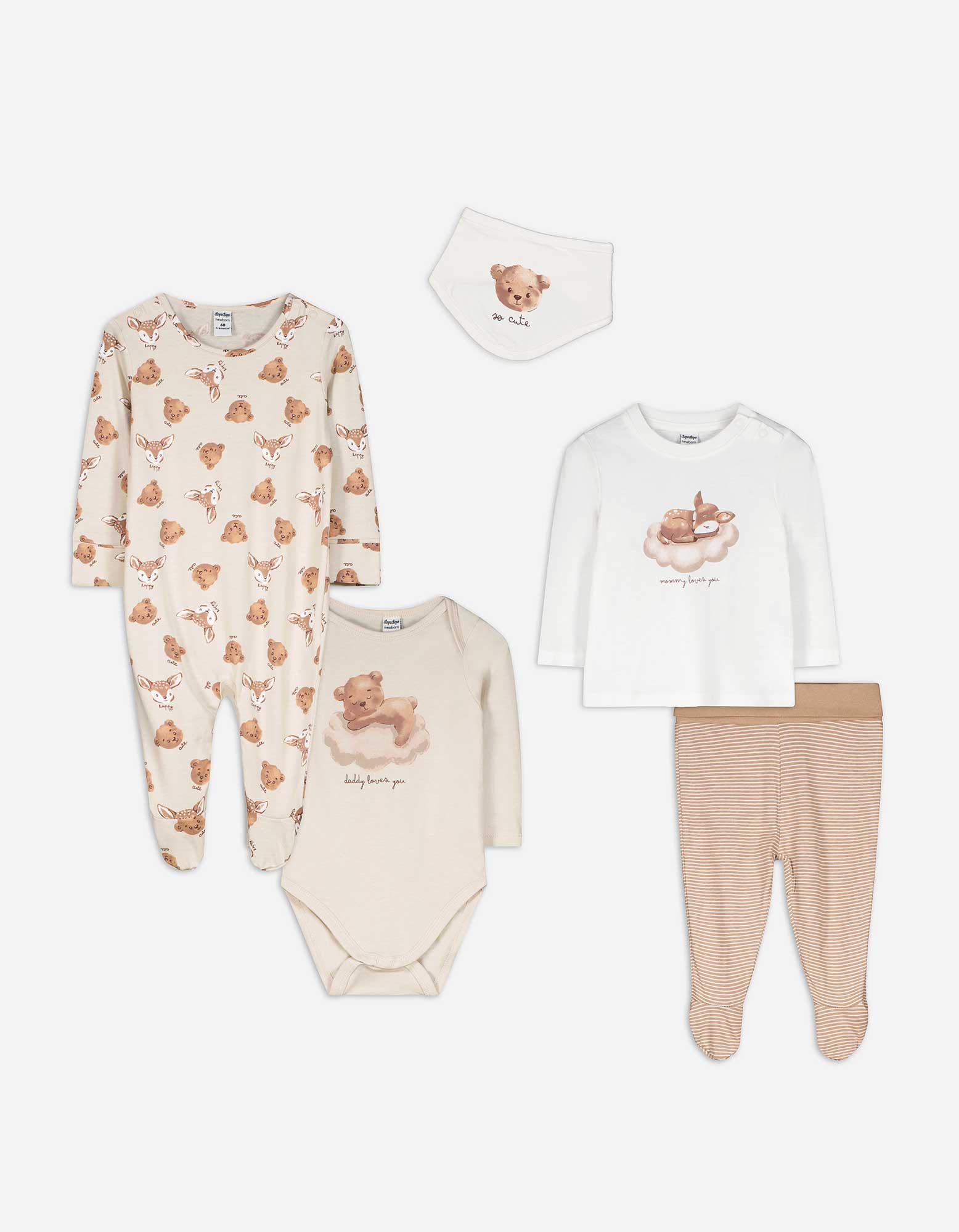 Baby Set aus Langarmbody, Hose, T-Shirt, Strampler und Lätzchen  - Allover-Print, Takko, weiß